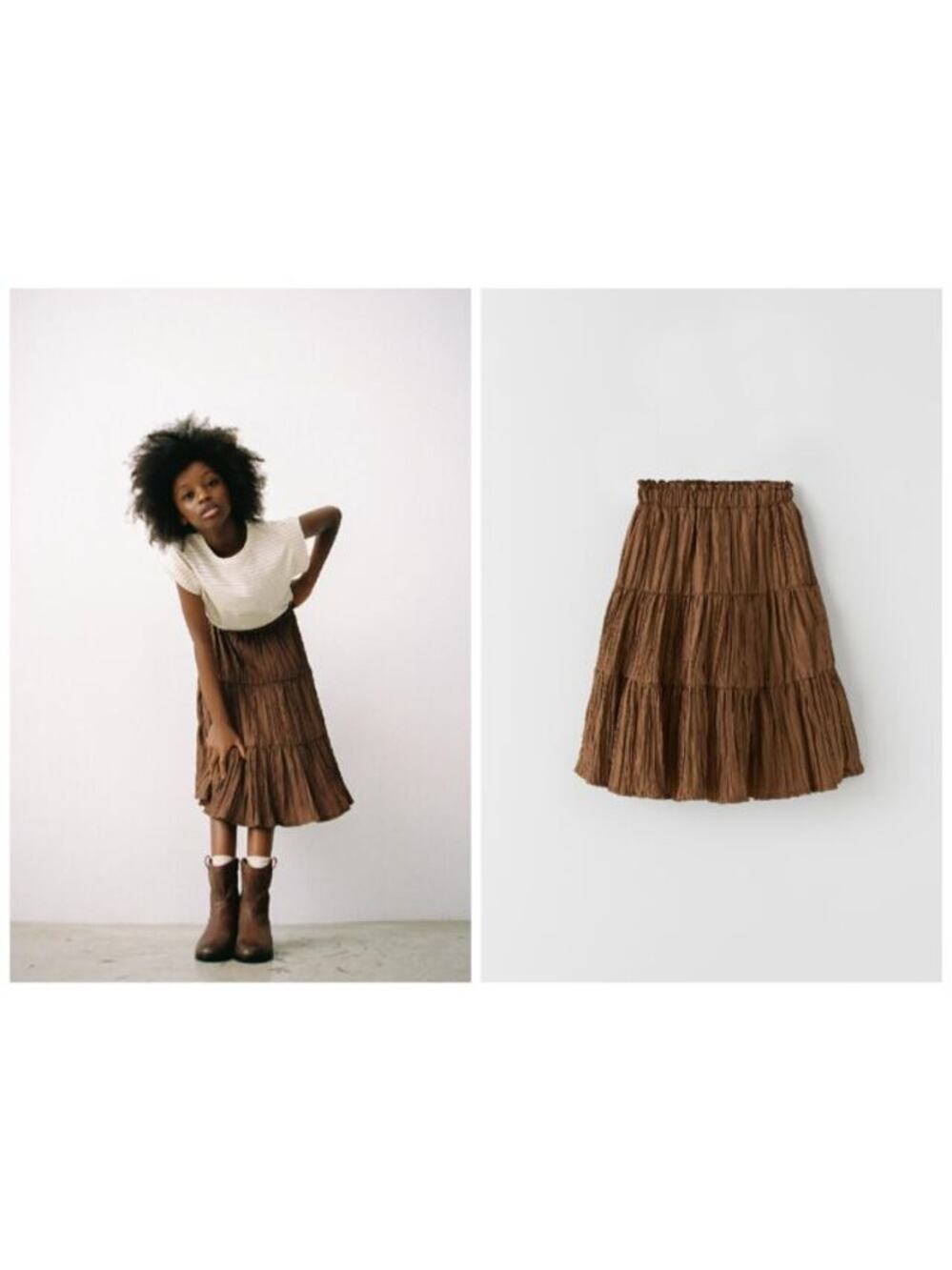 Zara Girls Pleated Midi Tafetta Skirt Toffee Brown size 11/12